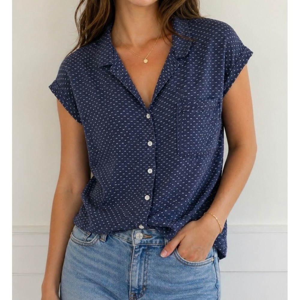 Navy Micro Dot Relaxed Collar Top Womens Size XL Short Sleeve